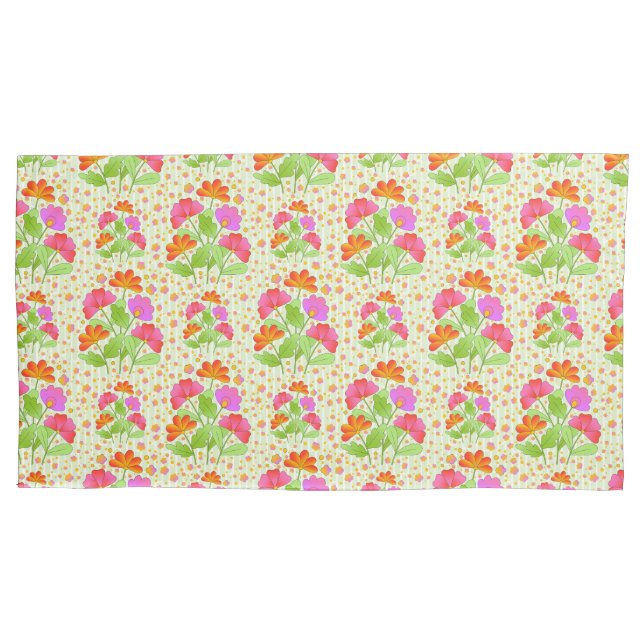 Big Pop Colour Flowers Pink and Orange Pale Green  Pillowcase (Front)