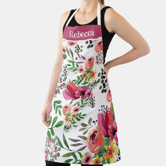 Big Pretty Floral Watercolor Pattern Personalised Apron (Insitu)