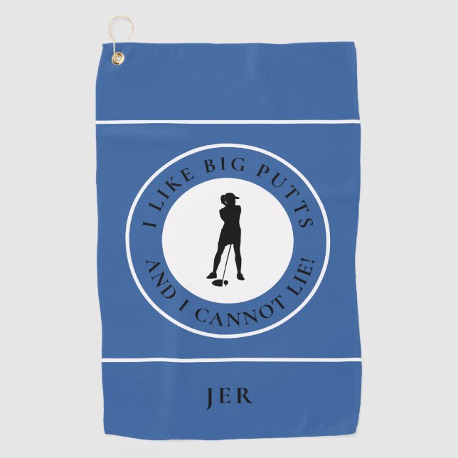 Big Putts Funny Lady Golfer Modern Blue Black Golf Towel (Front)