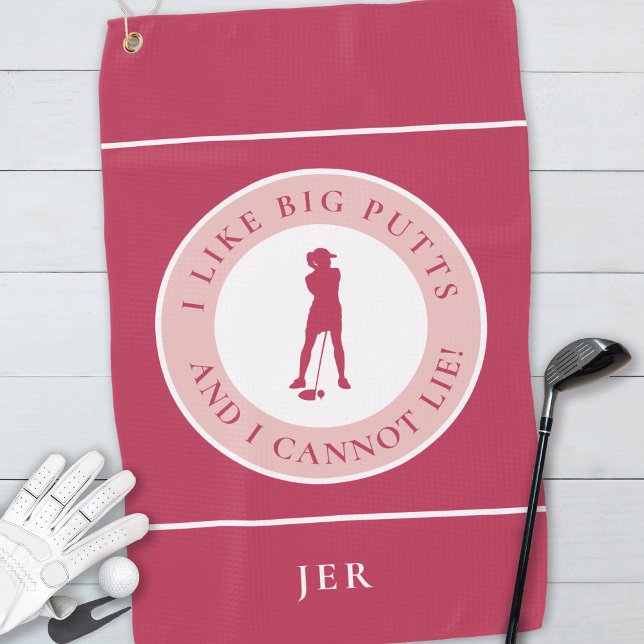 Big Putts Funny Lady Golfer Modern Magenta Red Golf Towel (Creator Uploaded)