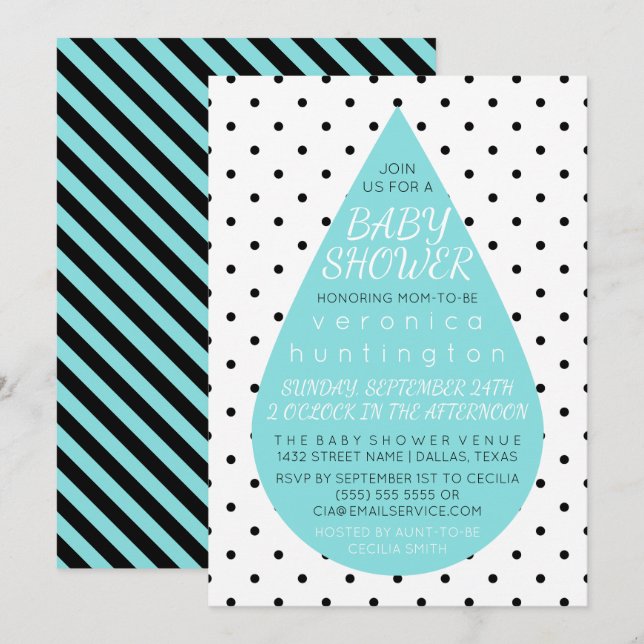 Big Raindrop & Polka Dots Blue Baby Shower Invitation (Front/Back)