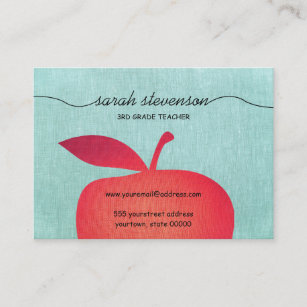 Big Red Apple Chalkboard School Teacher Linen Look Business Card