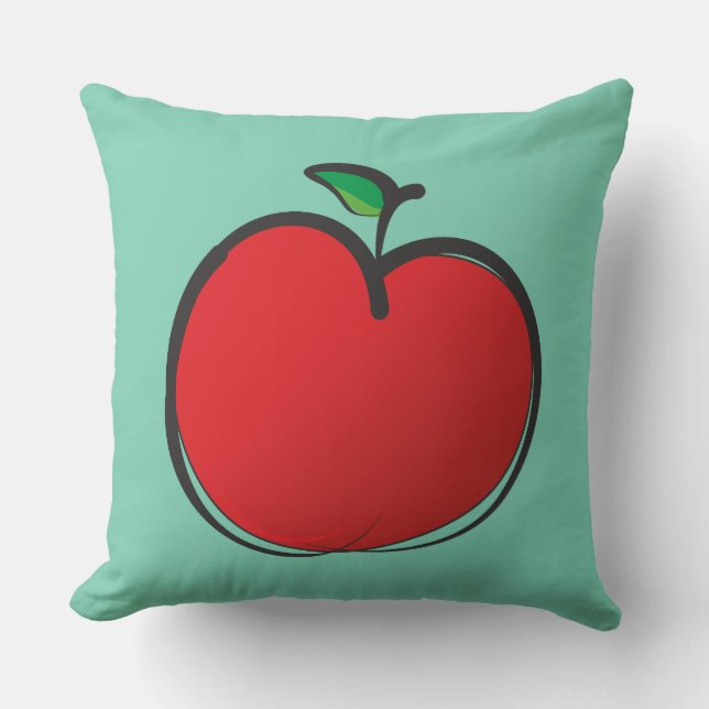 Big Red Apple Drawing on a Pale Green Background Throw Pillow (Front)