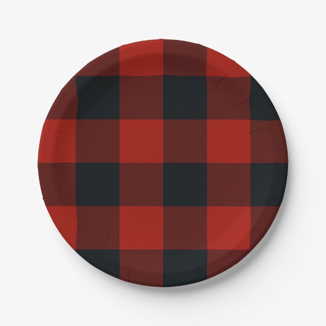 Big Red & Black Chequered Squares Buffalo Plaid Paper Plate (Front)
