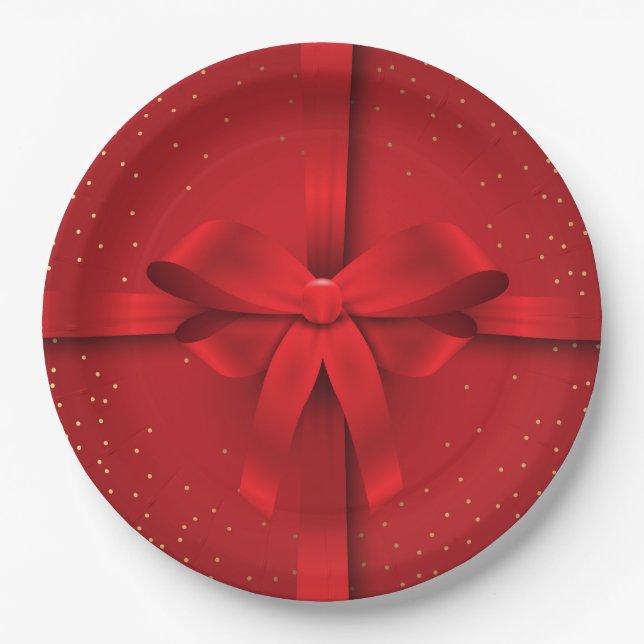 Big Red Bow Christmas Holidays Gift Paper Plate (Front)