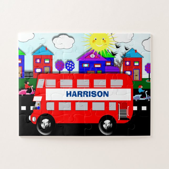 Big Red Bus Cute Personalized Kids Jigsaw Puzzle (Horizontal)