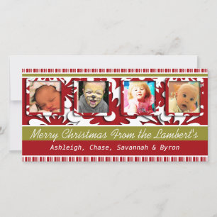 Big Red Flowers Tiny Stripes Christmas Photo Holiday Card
