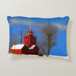 Big Red Lighthouse Painting - Original Art Accent Pillow