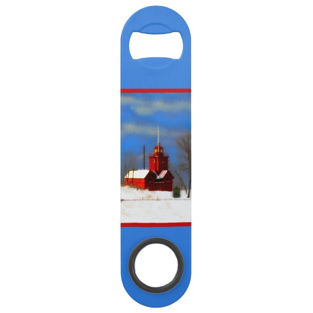 Big Red Lighthouse Painting - Original Art Bar Key (Front)