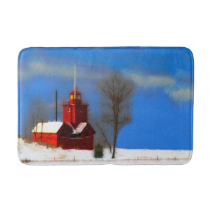 Big Red Lighthouse Painting - Original Art Bath Mat