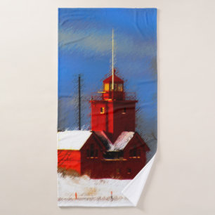 Big Red Lighthouse Painting - Original Art Bath Towel Set