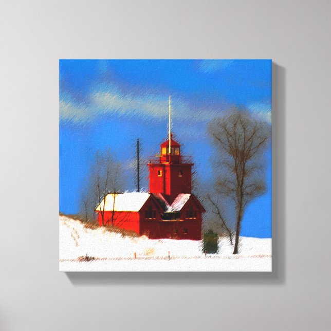 Big Red Lighthouse Painting - Original Art Canvas Print (Front)