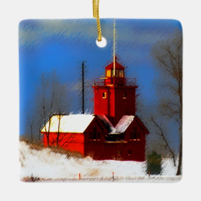 Big Red Lighthouse Painting - Original Art Ceramic Ornament (Front)