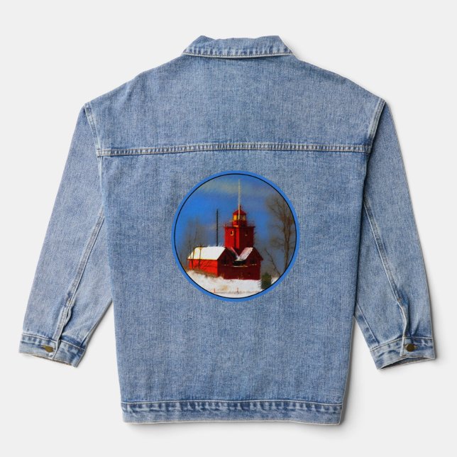 Big Red Lighthouse Painting - Original Art Denim Jacket (Back)