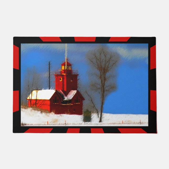 Big Red Lighthouse Painting - Original Art Doormat (Front)