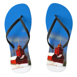 Big Red Lighthouse Painting - Original Art Flip Flops