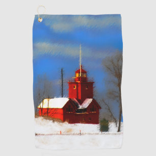 Big Red Lighthouse Painting - Original Art Golf Towel