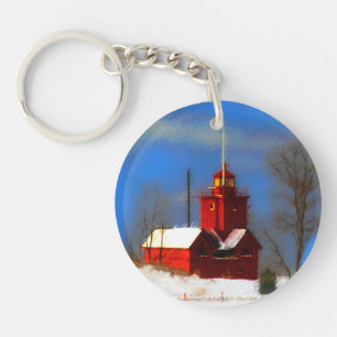 Big Red Lighthouse Painting - Original Art Keychain