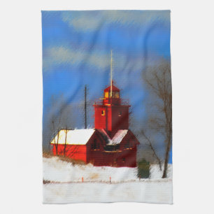 Big Red Lighthouse Painting - Original Art Kitchen Towel