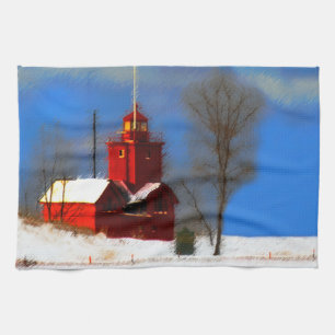 Big Red Lighthouse Painting - Original Art Kitchen Towel
