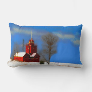 Big Red Lighthouse Painting - Original Art Lumbar Pillow