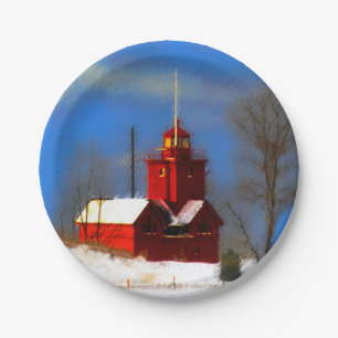 Big Red Lighthouse Painting - Original Art Paper Plate