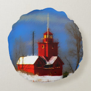 Big Red Lighthouse Painting - Original Art Round Pillow