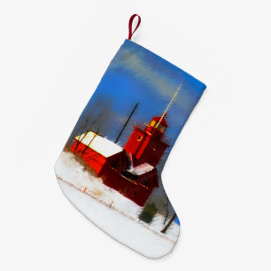 Big Red Lighthouse Painting - Original Art Small Christmas Stocking