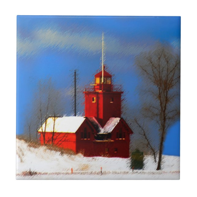 Big Red Lighthouse Painting - Original Art Tile (Front)