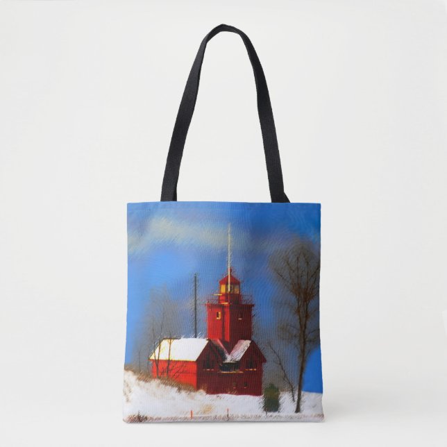 Big Red Lighthouse Painting - Original Art Tote Bag (Front)