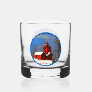 Big Red Lighthouse Painting - Original Art Whiskey Glass
