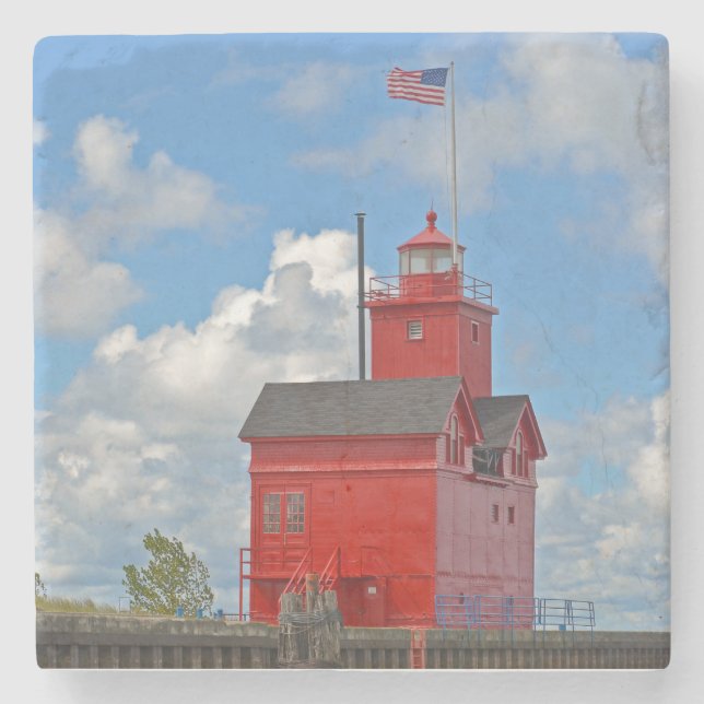 Big Red Lighthouse Stone Coaster (Front)
