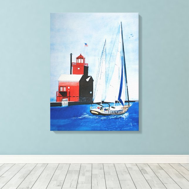 Big Red Michigan Lighthouse and Sailboat Canvas Print (Insitu(Wood Floor))