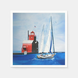 Big Red Michigan Lighthouse and Sailboat Napkin