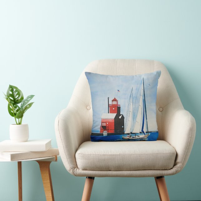 Big Red Michigan Lighthouse and Sailboat Throw Pillow (Chair)