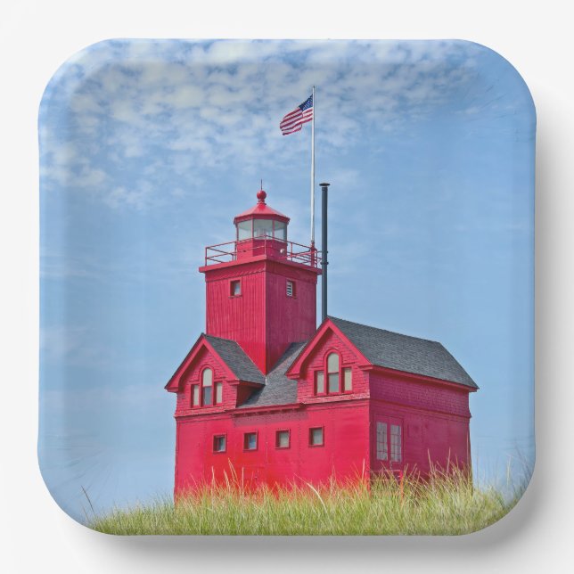 Big Red Michigan Lighthouse Paper Plate (Front)