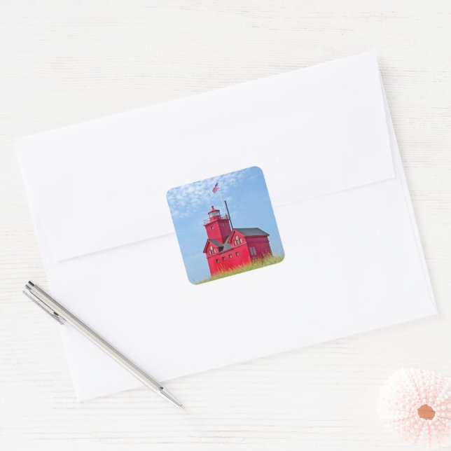 Big Red Michigan Lighthouse Square Sticker (Envelope)