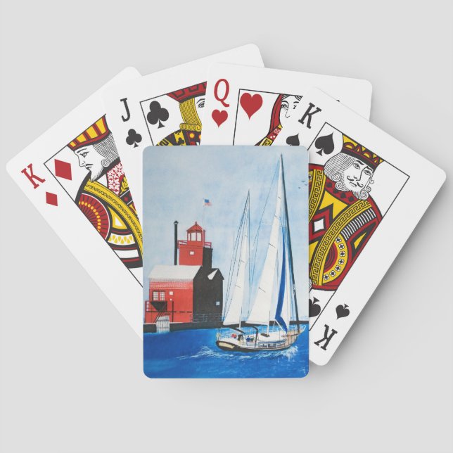 Big Red Michigan Lighthouse watercolor painting Playing Cards (Back)