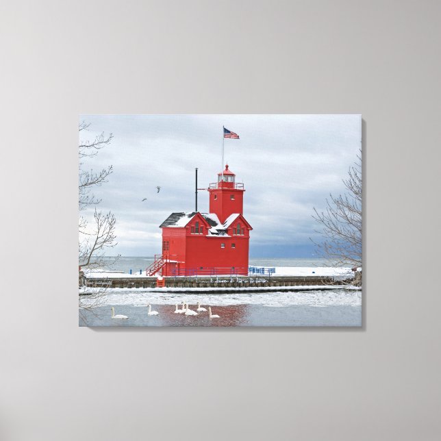 Big Red Michigan Lighthouse With Swans Canvas Print (Front)
