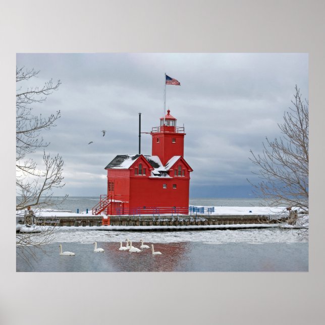 Big Red Michigan Lighthouse With Swans Poster (Front)