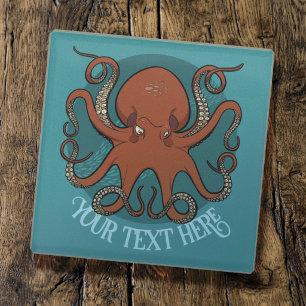 Big Red Octopus Artwork Personalized Text Design Glass Coaster