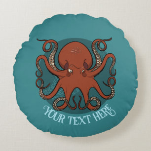 Big Red Octopus Artwork Personalized Text Design Round Pillow