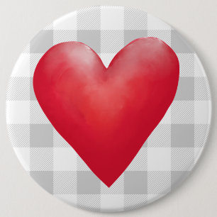 Big Red Painted Heart Buffalo Plaid Valentine 6 Inch Round Button