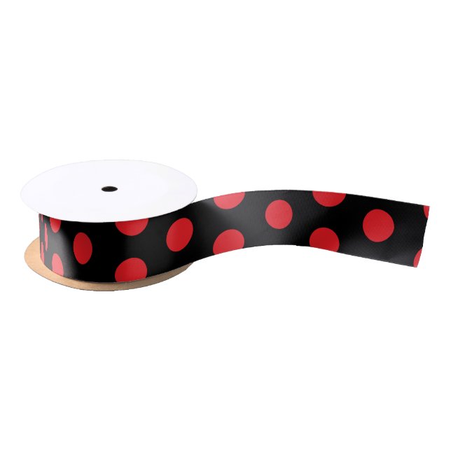 Big Red Polka Dots on Black Towel Satin Ribbon (Spool)