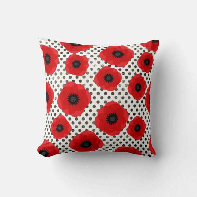 Big Red Poppy Flowers on Black and White Polka Dot Throw Pillow (Front)