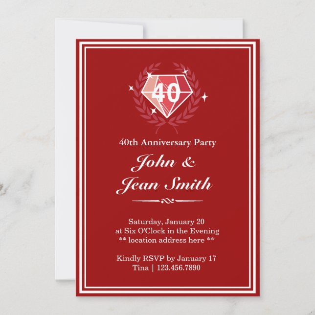 Big Red Ruby Gems 40th Anniversary Party Invites (Front)