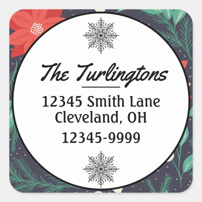 Big Red White Christmas Poinsettia Return Address Square Sticker (Front)