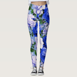 Big Retro Blue Rose Flower Leggings