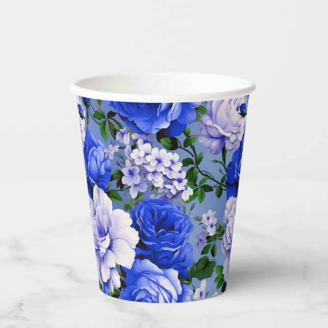Big Retro Blue Rose Flower Paper Cups (Front)