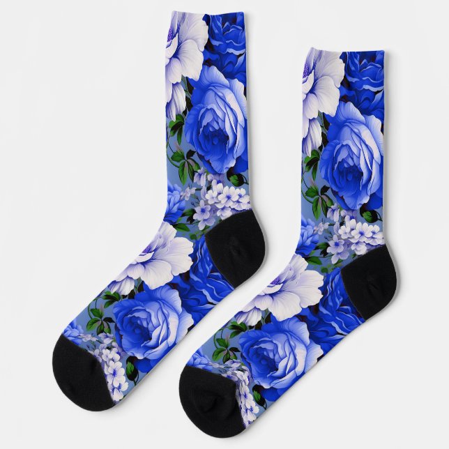 Big Retro Blue Rose Flower Socks (Left)